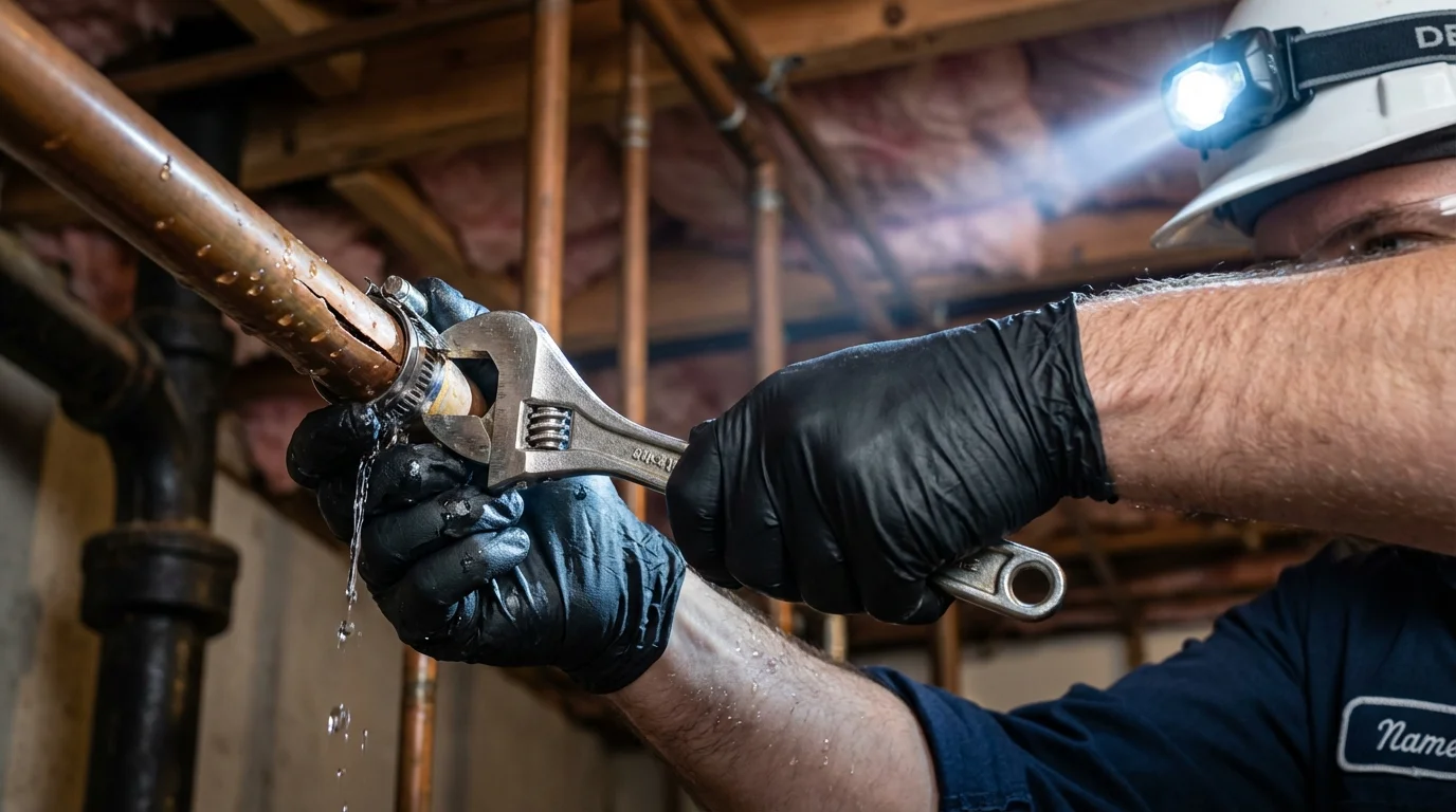 Emergency pipe clamp repair being performed by a Johns Plumbing LLC plumber in Perry