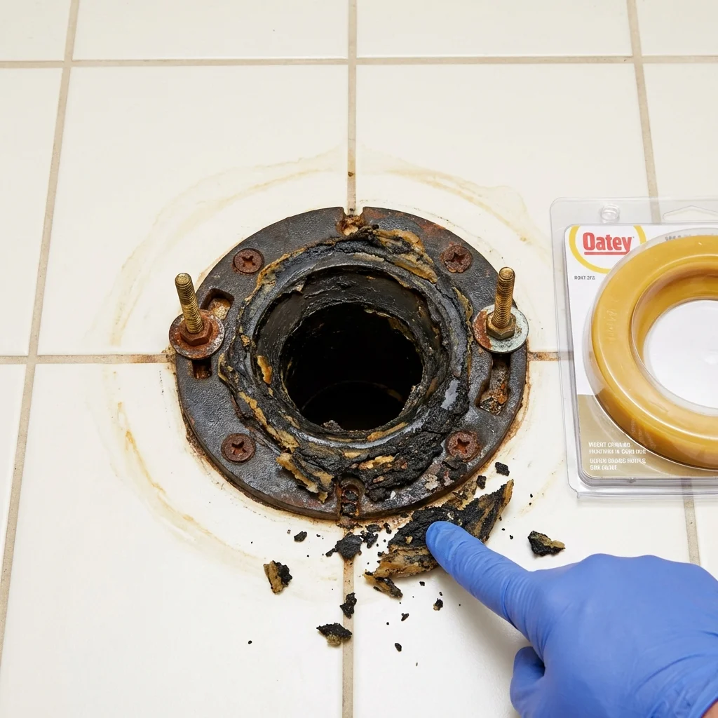 Failed wax ring showing water seepage at the base of a toilet in a Perry, OK home