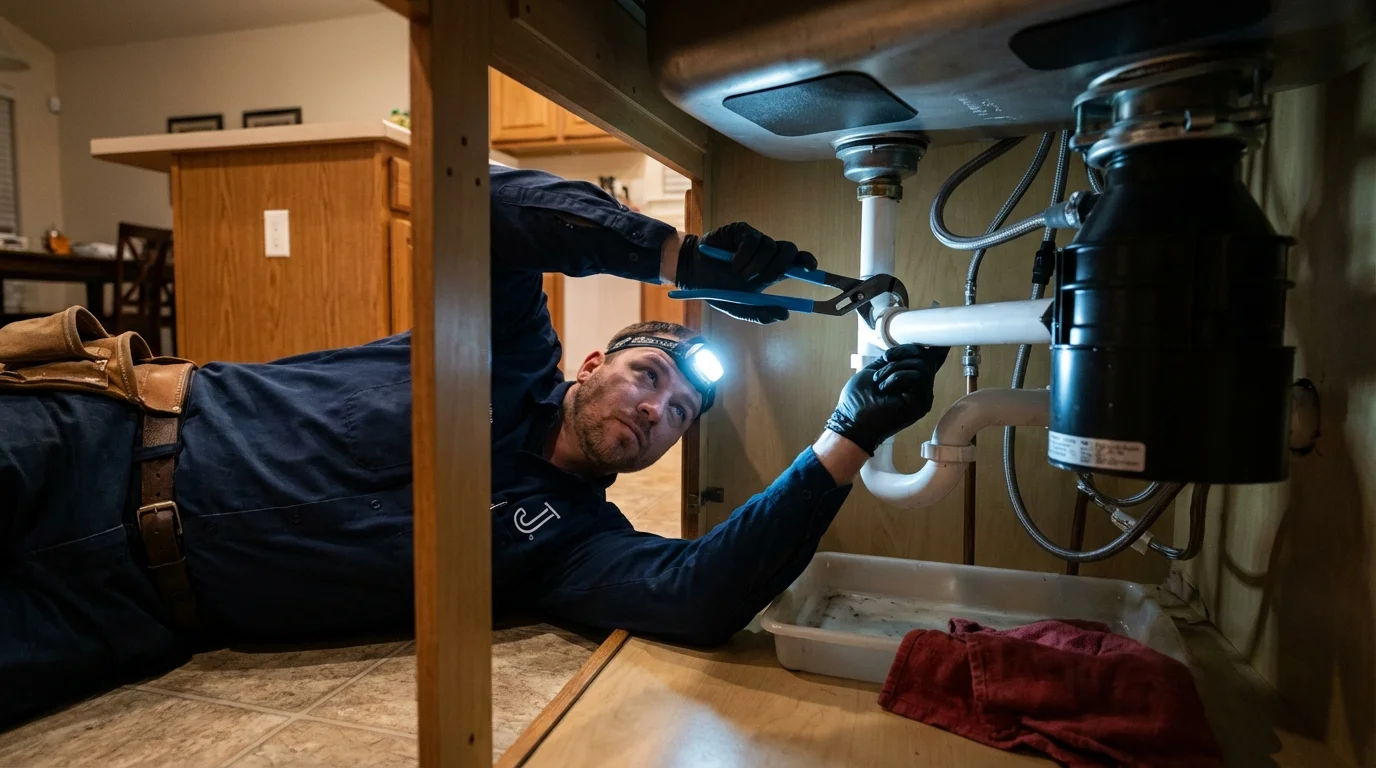 P-trap and supply line connections under a kitchen sink showing a common leak point in Perry, OK